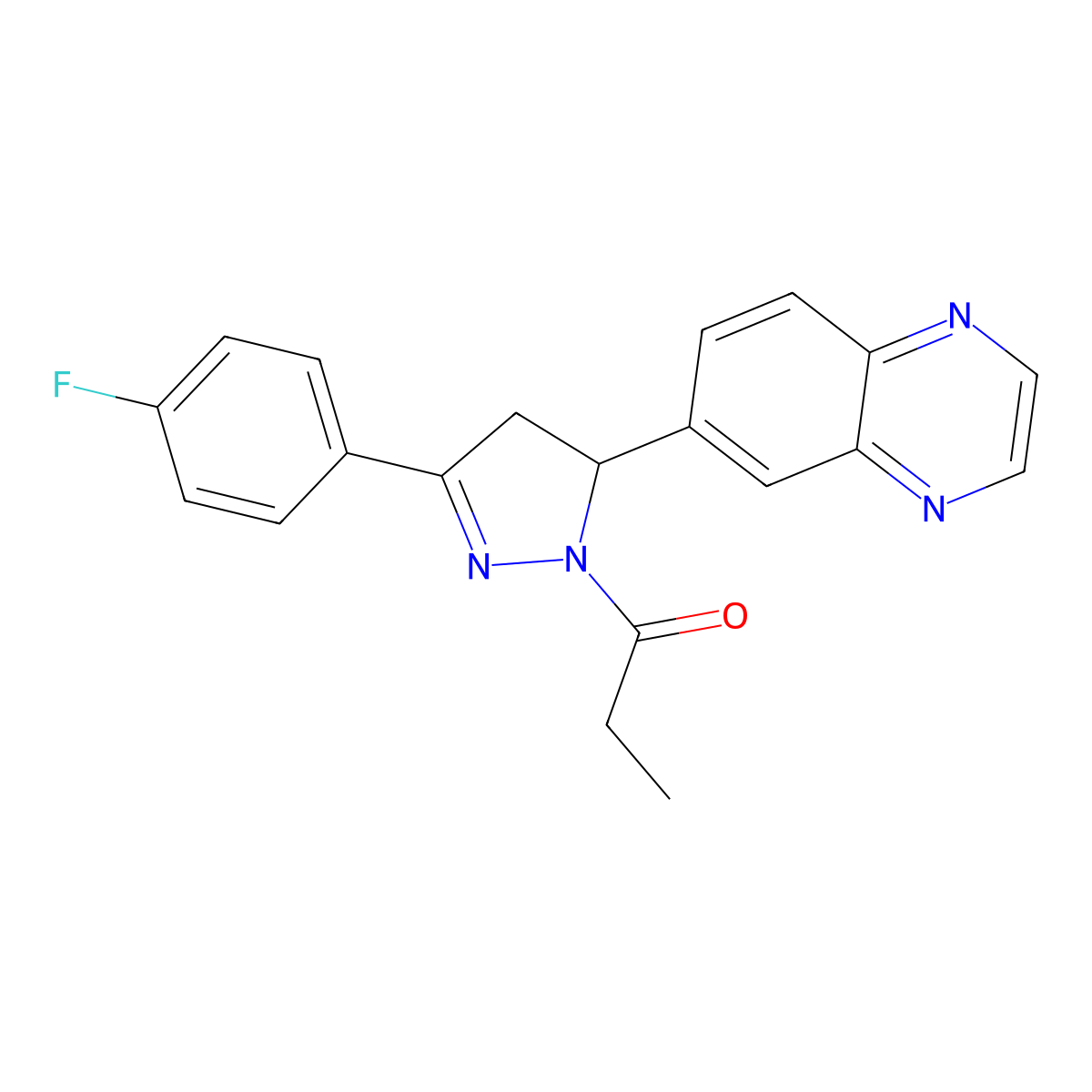 1-[3-(4-fluorophenyl)-5-(quinoxalin-6-yl)-4,5-dihydro-1H-pyrazol-1-yl]propan-1-one molecular structure, CAS 1010914-92-7