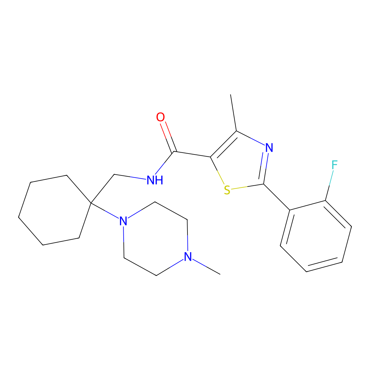 2-(2-fluorophenyl)-4-methyl-N~5~-{[1-(4-methylpiperazino)cyclohexyl]methyl}-1,3-thiazole-5-carboxamide molecular structure, CAS 1010915-08-8