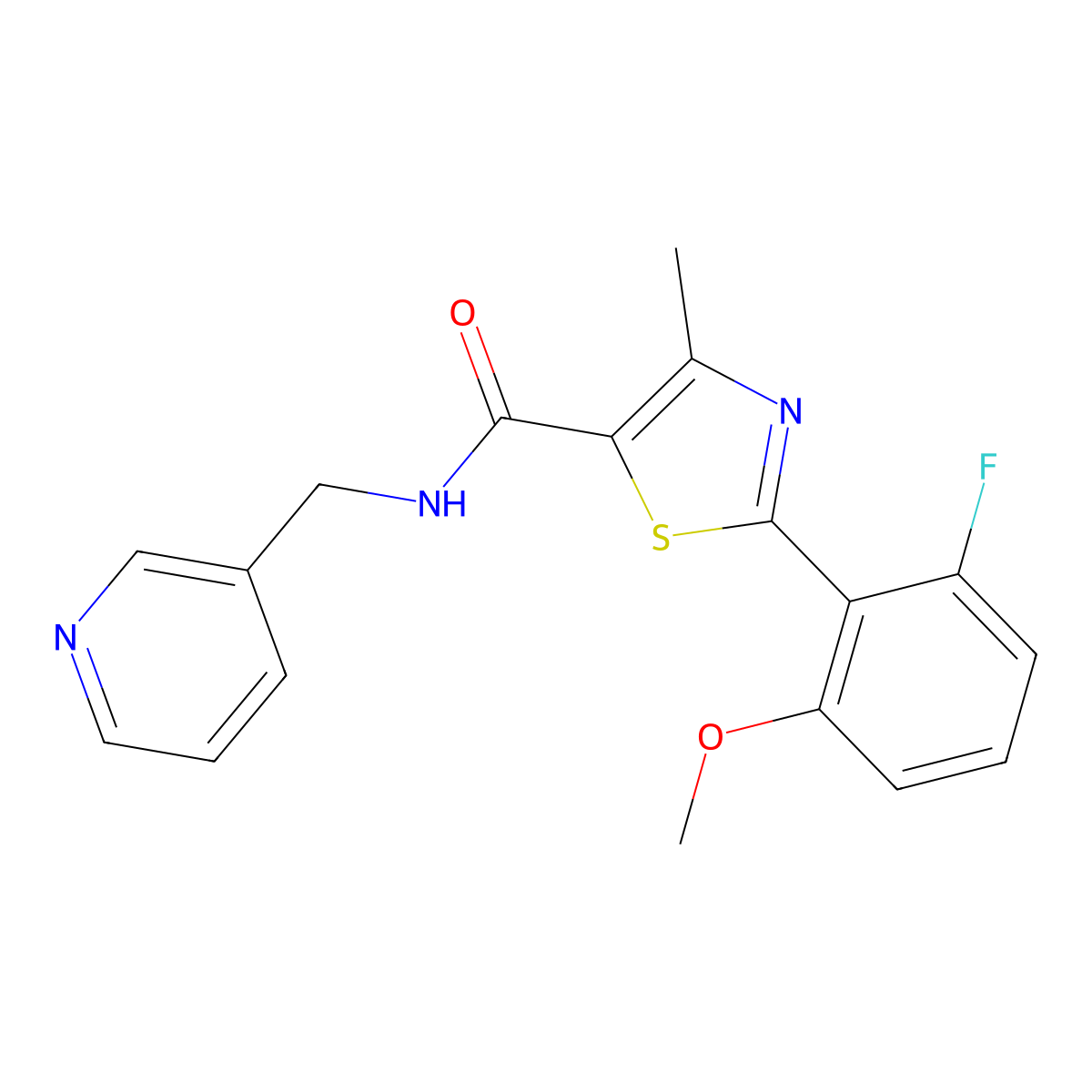 2-(2-fluoro-6-methoxyphenyl)-4-methyl-N-(pyridin-3-ylmethyl)-1,3-thiazole-5-carboxamide molecular structure, CAS 1010915-86-2