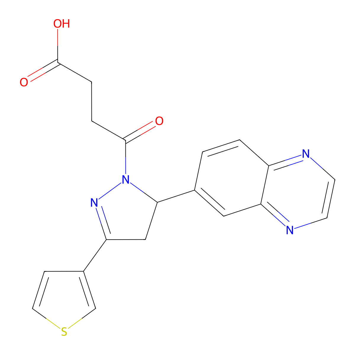 4-oxo-4-(5-(quinoxalin-6-yl)-3-(thiophen-3-yl)-4,5-dihydro-1H-pyrazol-1-yl)butanoic acid molecular structure, CAS 1010916-12-7