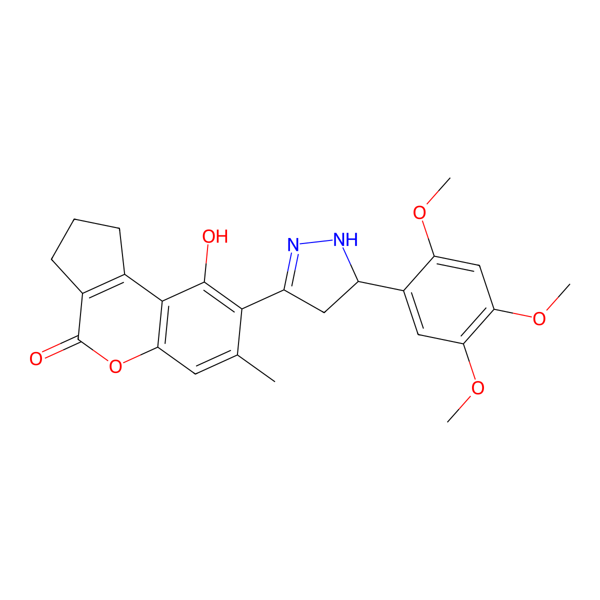 9-hydroxy-7-methyl-8-[5-(2,4,5-trimethoxyphenyl)-4,5-dihydro-1H-pyrazol-3-yl]-2,3-dihydrocyclopenta[c]chromen-4(1H)-one molecular structure, CAS 1010916-14-9