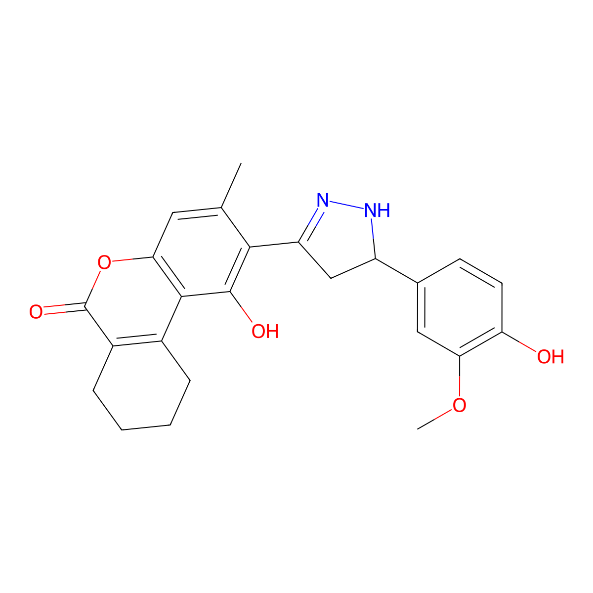 1-hydroxy-2-[5-(4-hydroxy-3-methoxyphenyl)-4,5-dihydro-1H-pyrazol-3-yl]-3-methyl-7,8,9,10-tetrahydro-6H-benzo[c]chromen-6-one molecular structure, CAS 1010916-25-2
