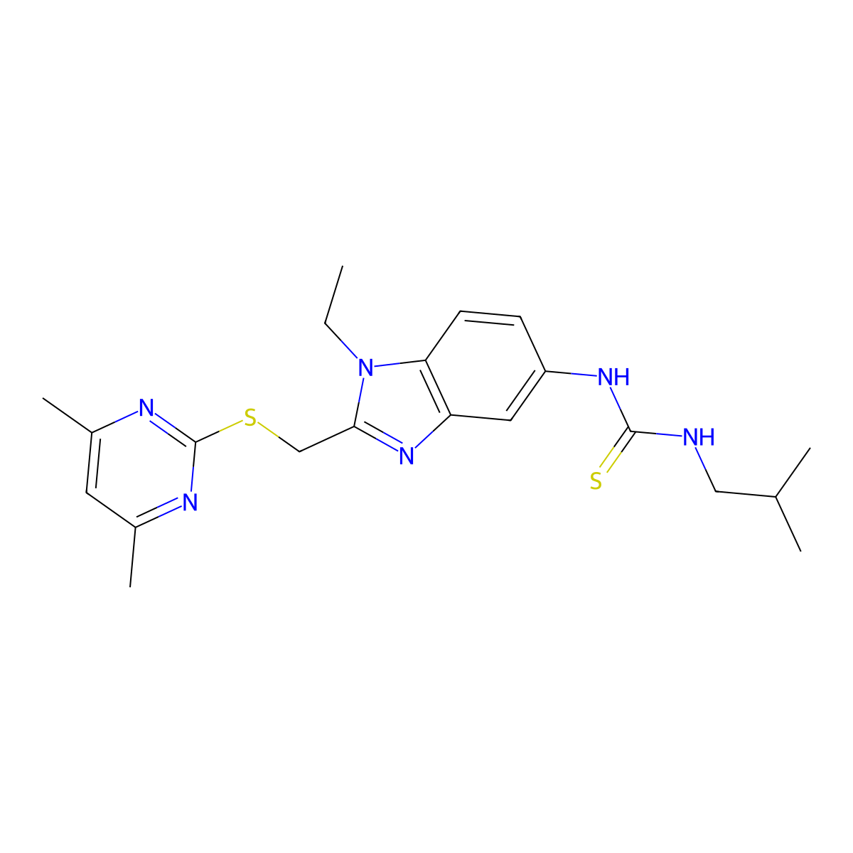 1-(2-{[(4,6-dimethylpyrimidin-2-yl)sulfanyl]methyl}-1-ethyl-1H-benzimidazol-5-yl)-3-(2-methylpropyl)thiourea molecular structure, CAS 1010917-94-8