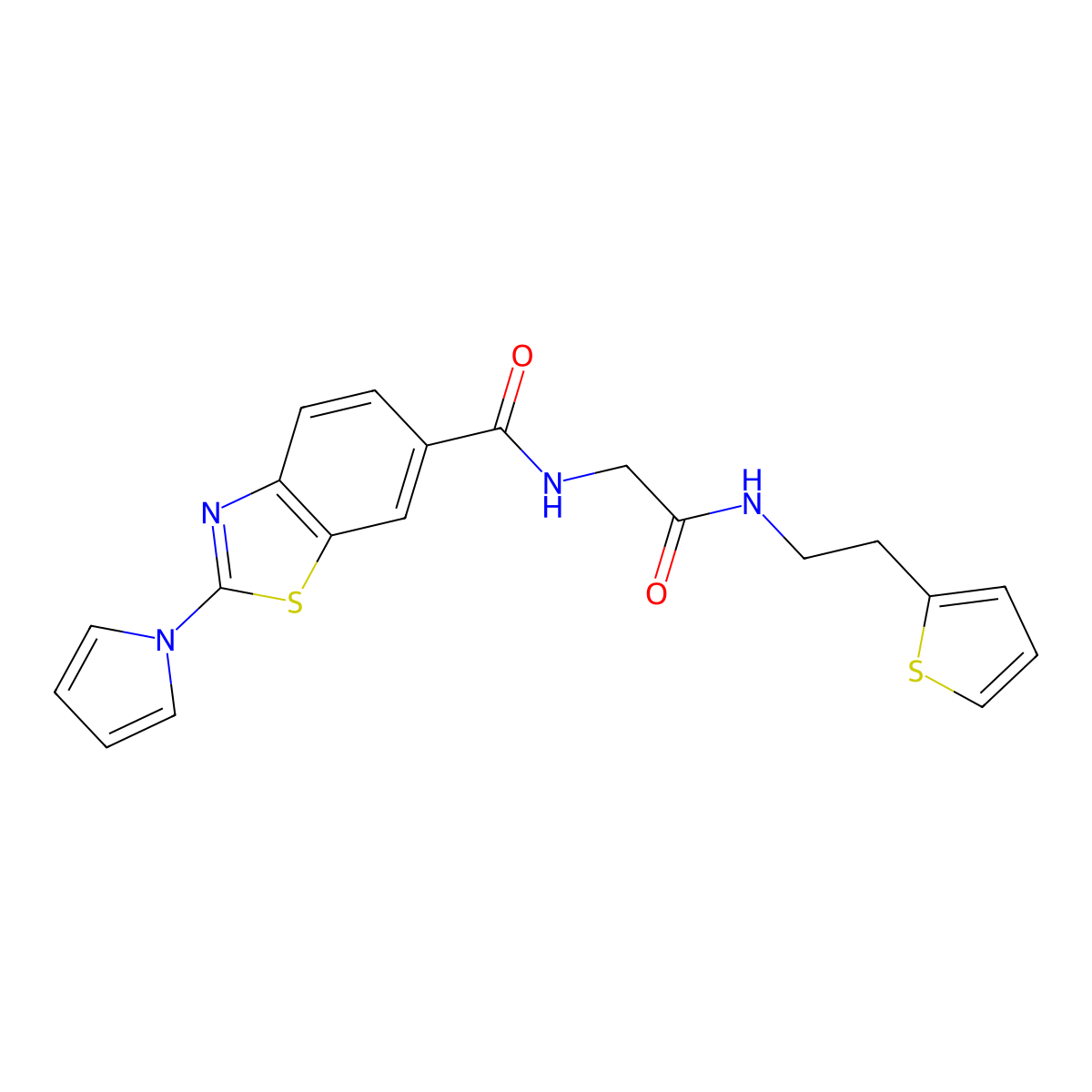 N-(2-oxo-2-{[2-(thiophen-2-yl)ethyl]amino}ethyl)-2-(1H-pyrrol-1-yl)-1,3-benzothiazole-6-carboxamide molecular structure, CAS 1010918-05-4