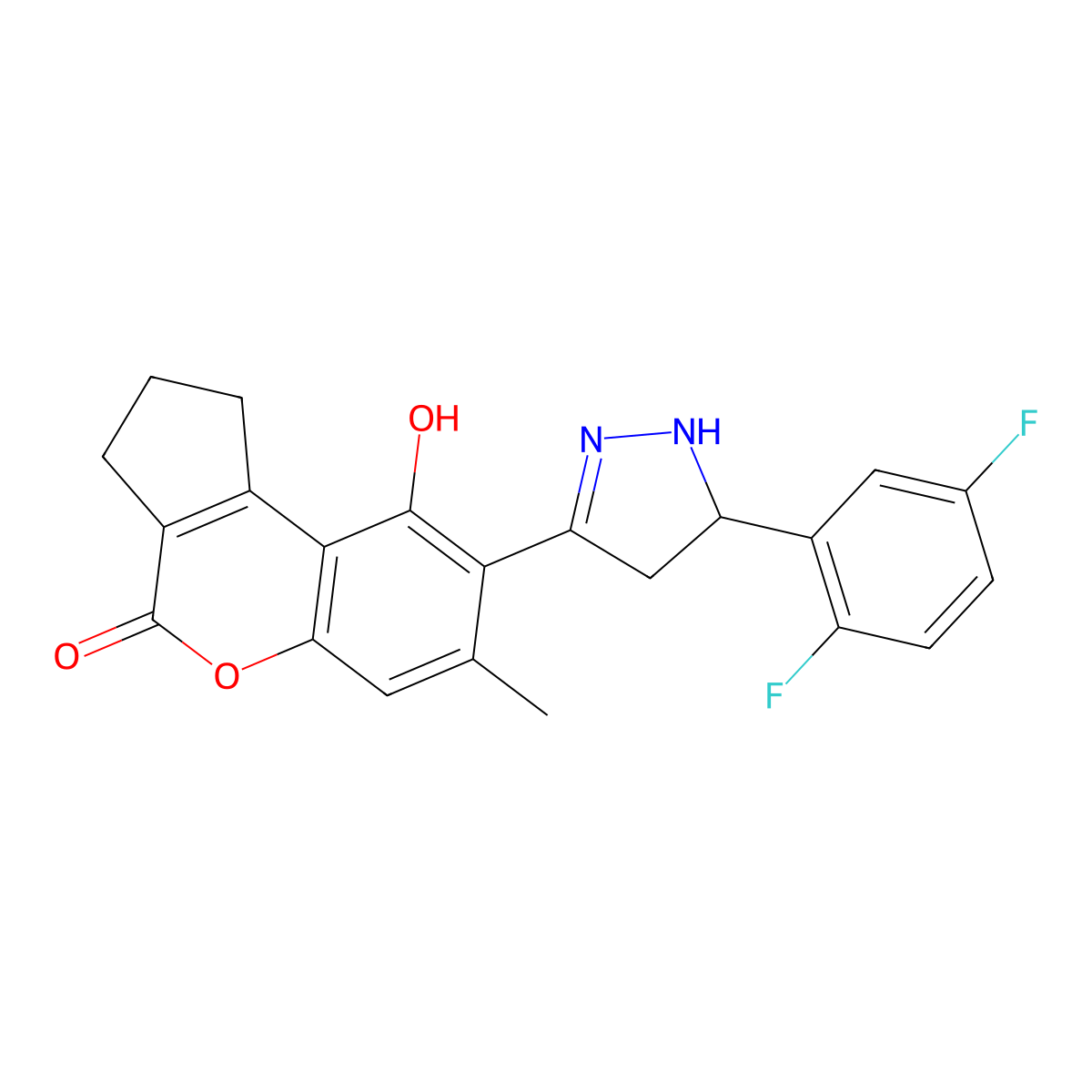 8-[5-(2,5-difluorophenyl)-4,5-dihydro-1H-pyrazol-3-yl]-9-hydroxy-7-methyl-2,3-dihydrocyclopenta[c]chromen-4(1H)-one molecular structure, CAS 1010918-06-5