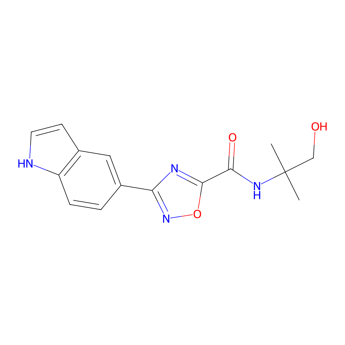 N-(1-hydroxy-2-methylpropan-2-yl)-3-(1H-indol-5-yl)-1,2,4-oxadiazole-5-carboxamide molecular structure, CAS 1010918-37-2