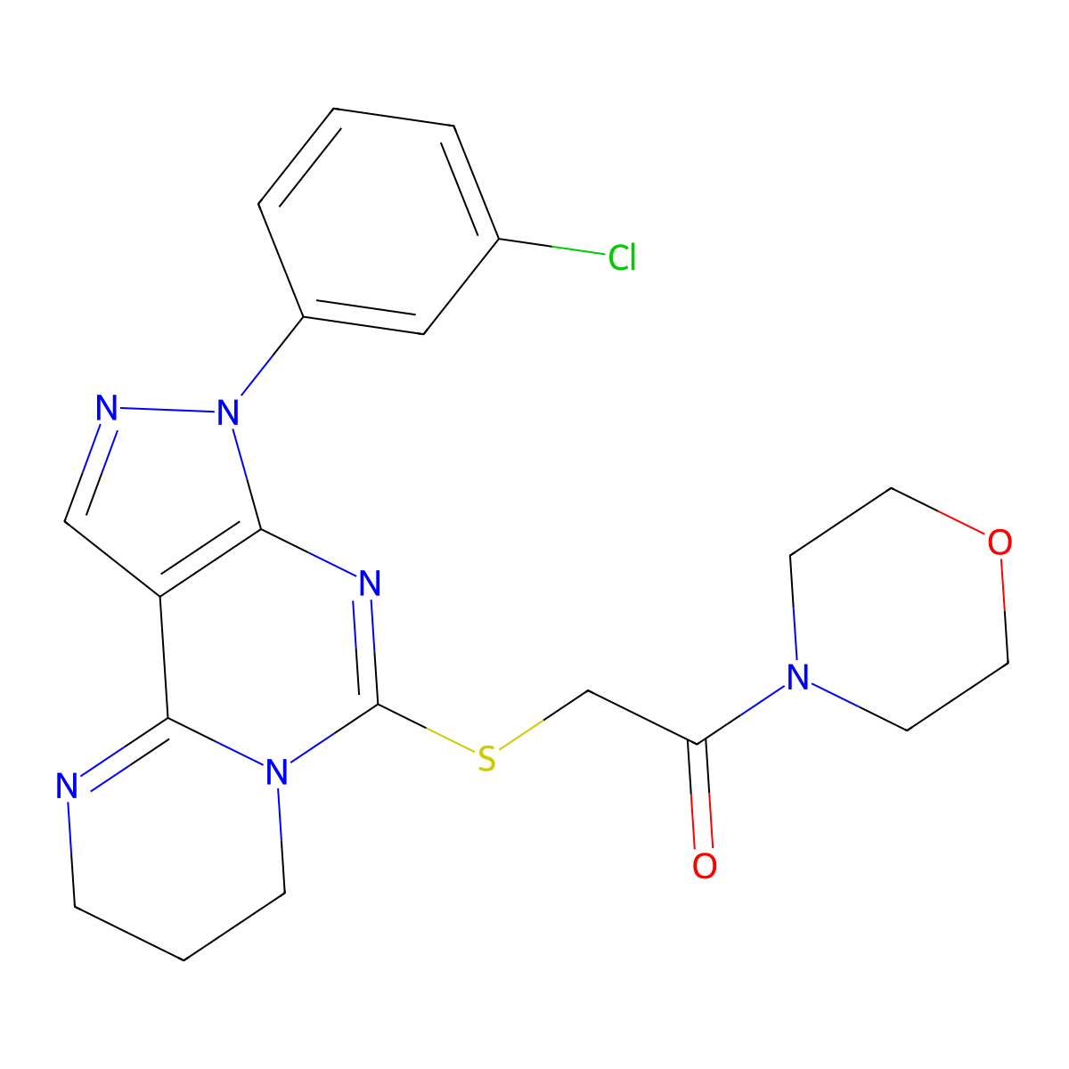 2-((8-(3-Chlorophenyl)-2,3,4,8-tetrahydropyrazolo[4,3-e]pyrimido[1,2-c]pyrimidin-6-yl)thio)-1-morpholinoethanone molecular structure, CAS 1010919-04-6
