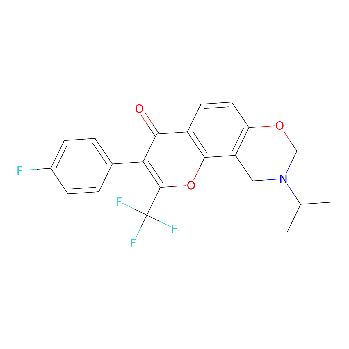 3-(4-fluorophenyl)-9-isopropyl-2-(trifluoromethyl)-9,10-dihydrochromeno[8,7-e][1,3]oxazin-4(8H)-one molecular structure, CAS 1010919-42-2