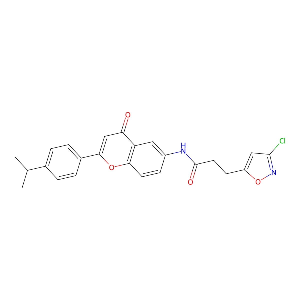 3-(3-chloro-1,2-oxazol-5-yl)-N-{4-oxo-2-[4-(propan-2-yl)phenyl]-4H-chromen-6-yl}propanamide molecular structure, CAS 1010922-24-3