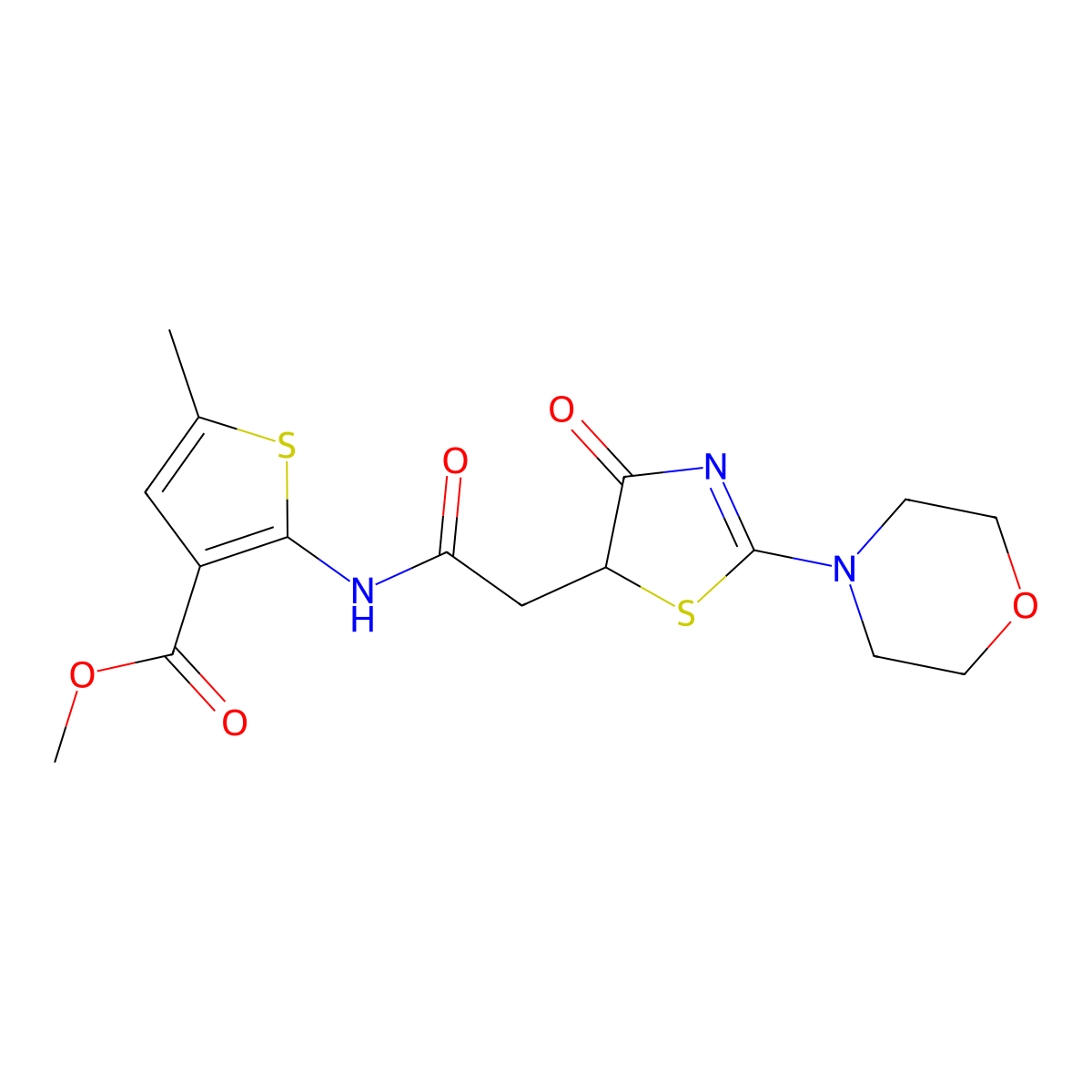 Methyl 5-methyl-2-(2-(2-morpholino-4-oxo-4,5-dihydrothiazol-5-yl)acetamido)thiophene-3-carboxylate molecular structure, CAS 1010923-50-8
