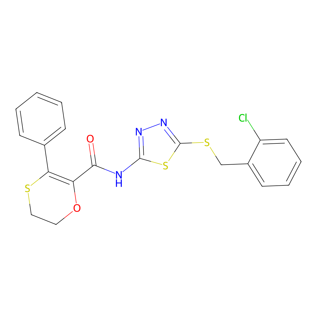 N-[(2Z)-5-[(2-chlorobenzyl)sulfanyl]-1,3,4-thiadiazol-2(3H)-ylidene]-3-phenyl-5,6-dihydro-1,4-oxathiine-2-carboxamide molecular structure, CAS 1010923-97-3
