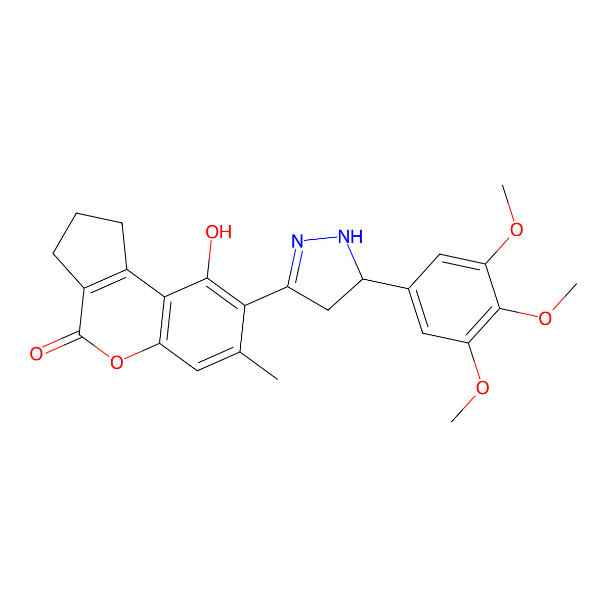 9-hydroxy-7-methyl-8-[5-(3,4,5-trimethoxyphenyl)-4,5-dihydro-1H-pyrazol-3-yl]-2,3-dihydrocyclopenta[c]chromen-4(1H)-one molecular structure, CAS 1010925-50-4