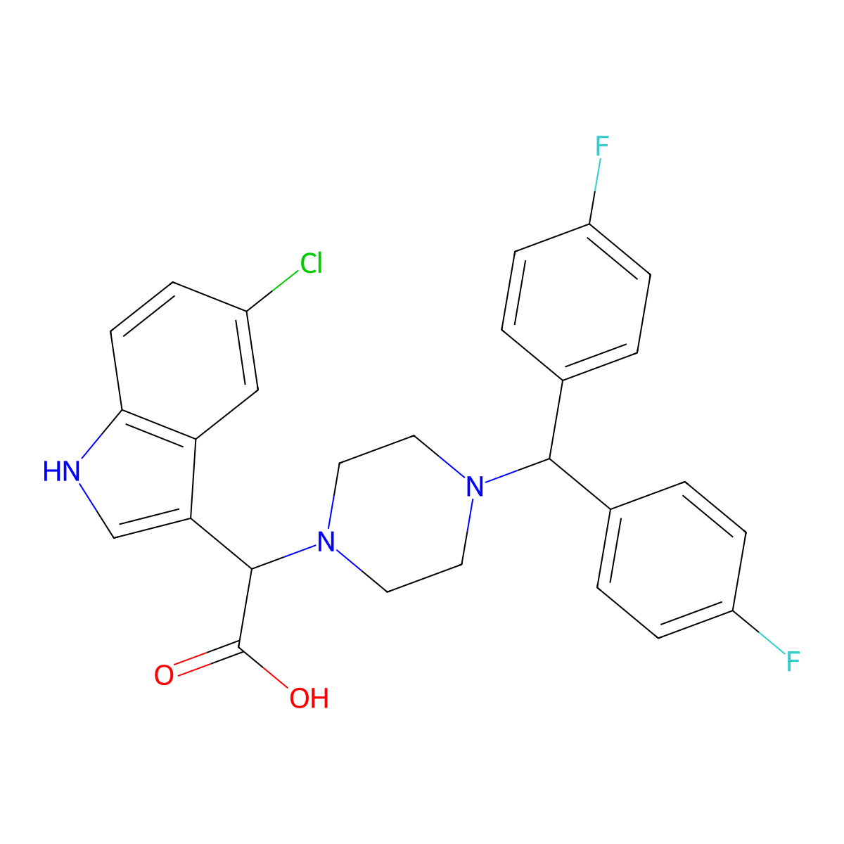 {4-[bis(4-fluorophenyl)methyl]piperazin-1-yl}(5-chloro-1H-indol-3-yl)acetic acid molecular structure, CAS 1010925-94-6