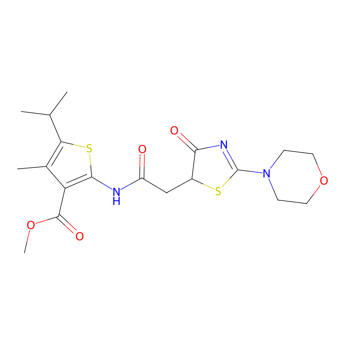 Methyl 4-methyl-2-({[2-(morpholin-4-yl)-4-oxo-4,5-dihydro-1,3-thiazol-5-yl]acetyl}amino)-5-(propan-2-yl)thiophene-3-carboxylate molecular structure, CAS 1010926-32-5