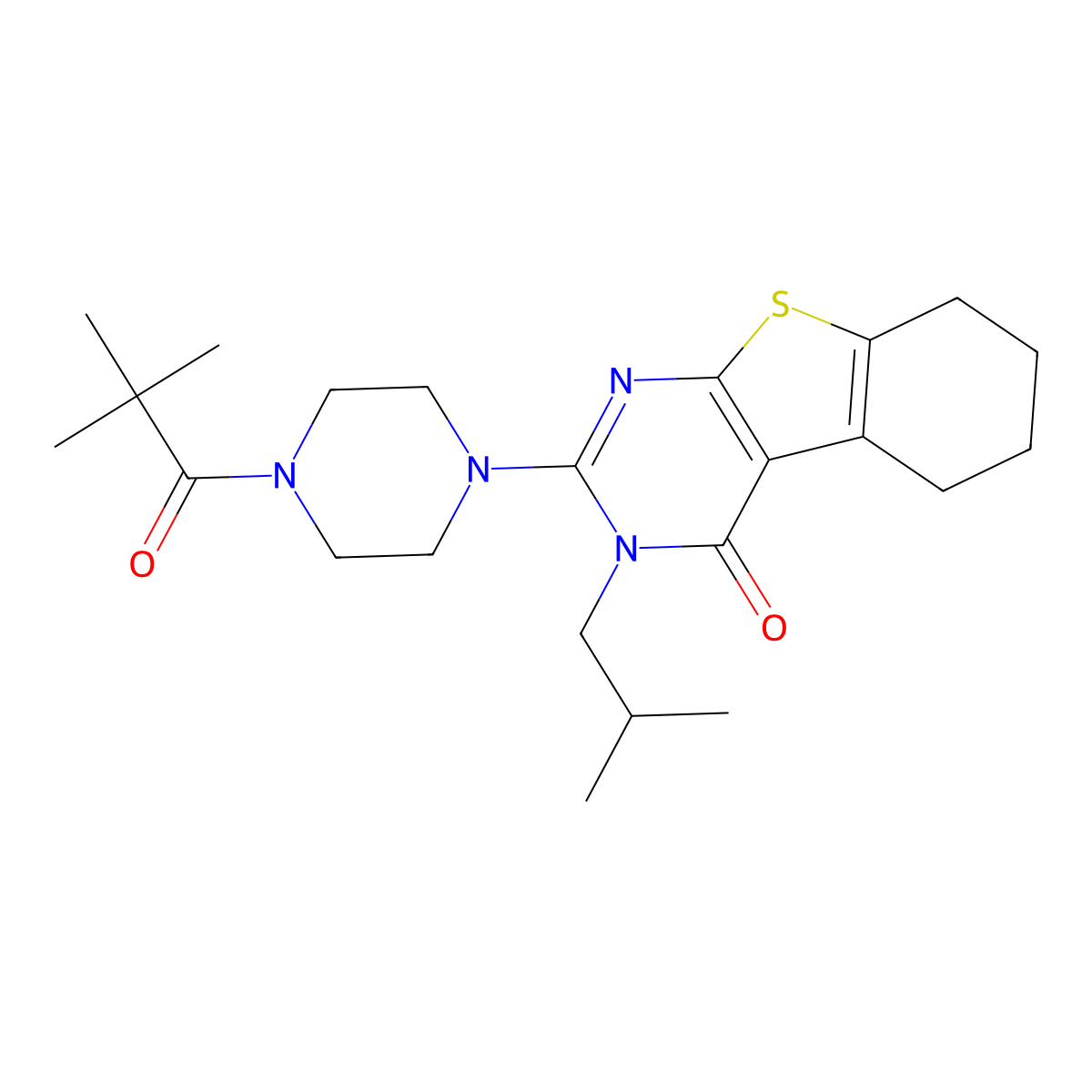 2-[4-(2,2-dimethylpropanoyl)piperazin-1-yl]-3-(2-methylpropyl)-5,6,7,8-tetrahydro[1]benzothieno[2,3-d]pyrimidin-4(3H)-one molecular structure, CAS 1010926-98-3