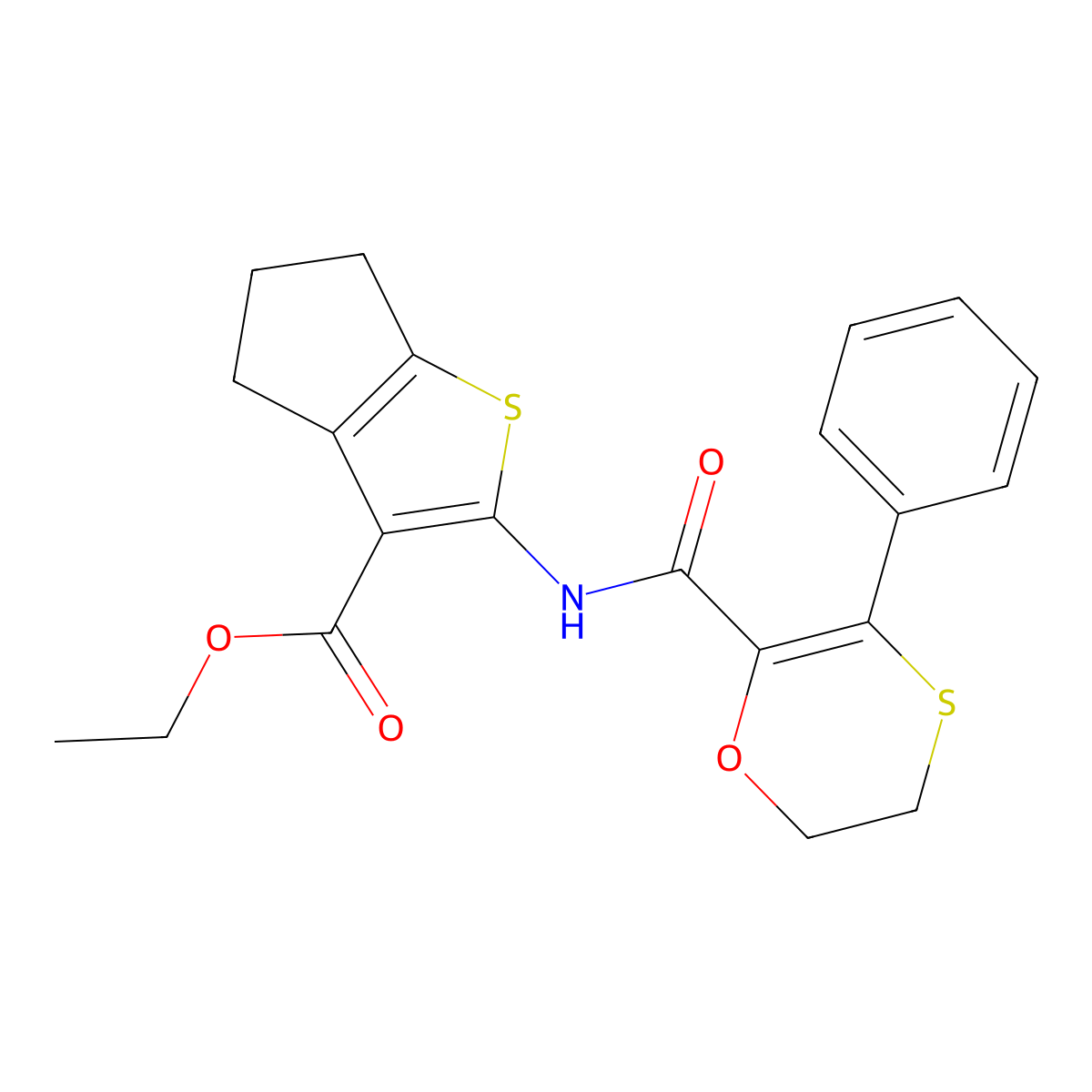 ethyl 2-{[(3-phenyl-5,6-dihydro-1,4-oxathiin-2-yl)carbonyl]amino}-5,6-dihydro-4H-cyclopenta[b]thiophene-3-carboxylate molecular structure, CAS 1010927-00-0