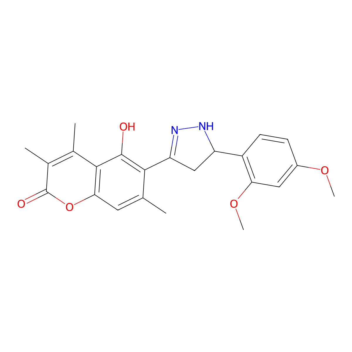 6-[5-(2,4-dimethoxyphenyl)-4,5-dihydro-1H-pyrazol-3-yl]-5-hydroxy-3,4,7-trimethyl-2H-chromen-2-one molecular structure, CAS 1010927-26-0