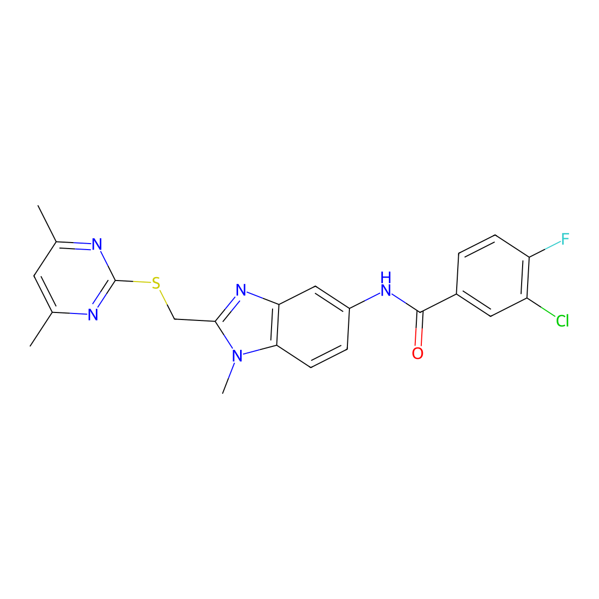 3-chloro-N-(2-{[(4,6-dimethylpyrimidin-2-yl)sulfanyl]methyl}-1-methyl-1H-benzimidazol-5-yl)-4-fluorobenzamide molecular structure, CAS 1010927-53-3
