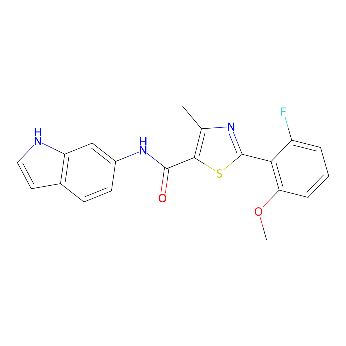 2-(2-fluoro-6-methoxyphenyl)-N-(1H-indol-6-yl)-4-methyl-1,3-thiazole-5-carboxamide molecular structure, CAS 1010927-66-8