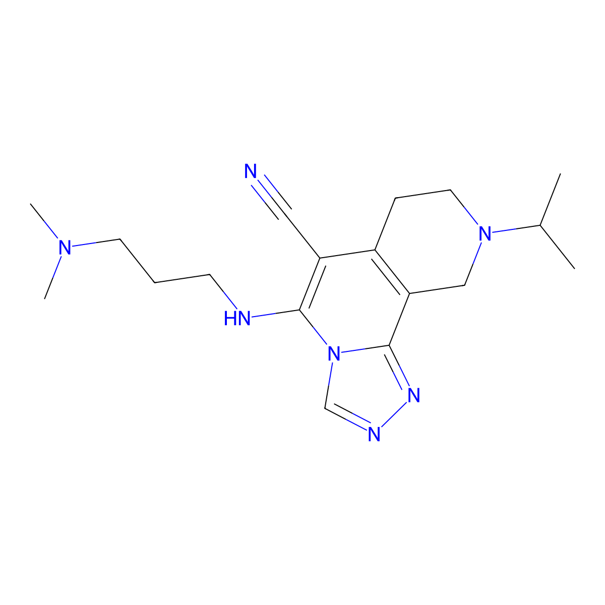 5-{[3-(Dimethylamino)propyl]amino}-9-(propan-2-yl)-7,8,9,10-tetrahydro[1,2,4]triazolo[3,4-a][2,7]naphthyridine-6-carbonitrile molecular structure, CAS 1010927-93-1