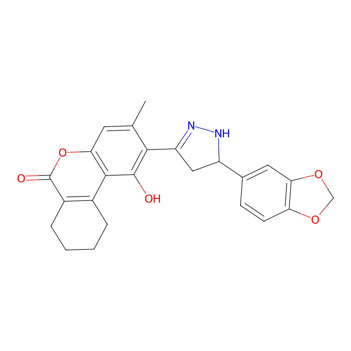 2-[5-(1,3-benzodioxol-5-yl)-4,5-dihydro-1H-pyrazol-3-yl]-1-hydroxy-3-methyl-7,8,9,10-tetrahydro-6H-benzo[c]chromen-6-one molecular structure, CAS 1010928-26-3