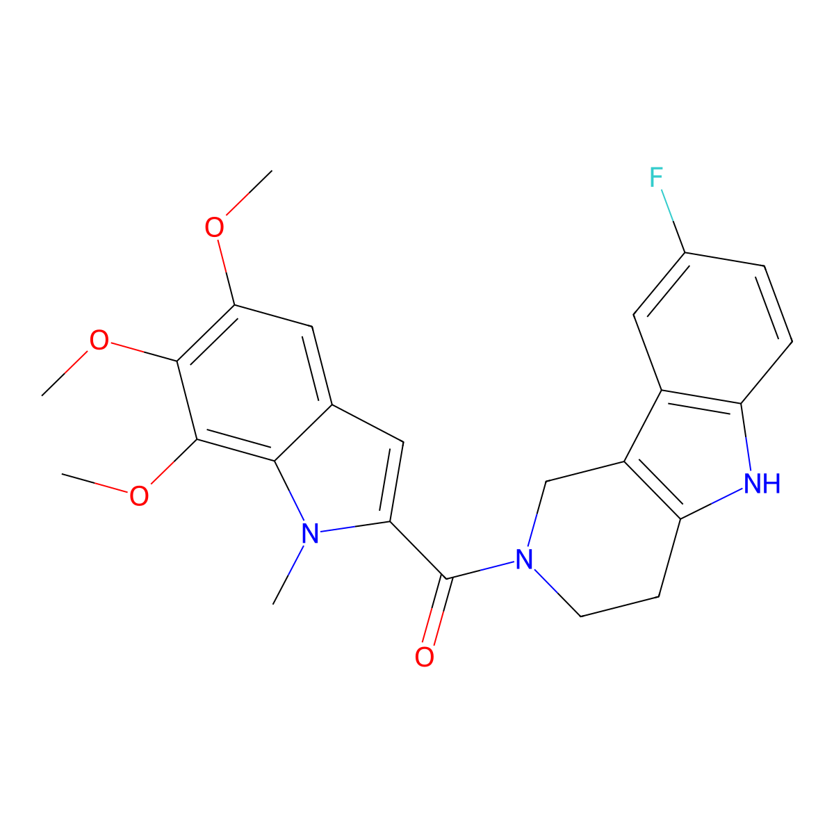 (8-fluoro-1,3,4,5-tetrahydro-2H-pyrido[4,3-b]indol-2-yl)(5,6,7-trimethoxy-1-methyl-1H-indol-2-yl)methanone molecular structure, CAS 1010930-42-3