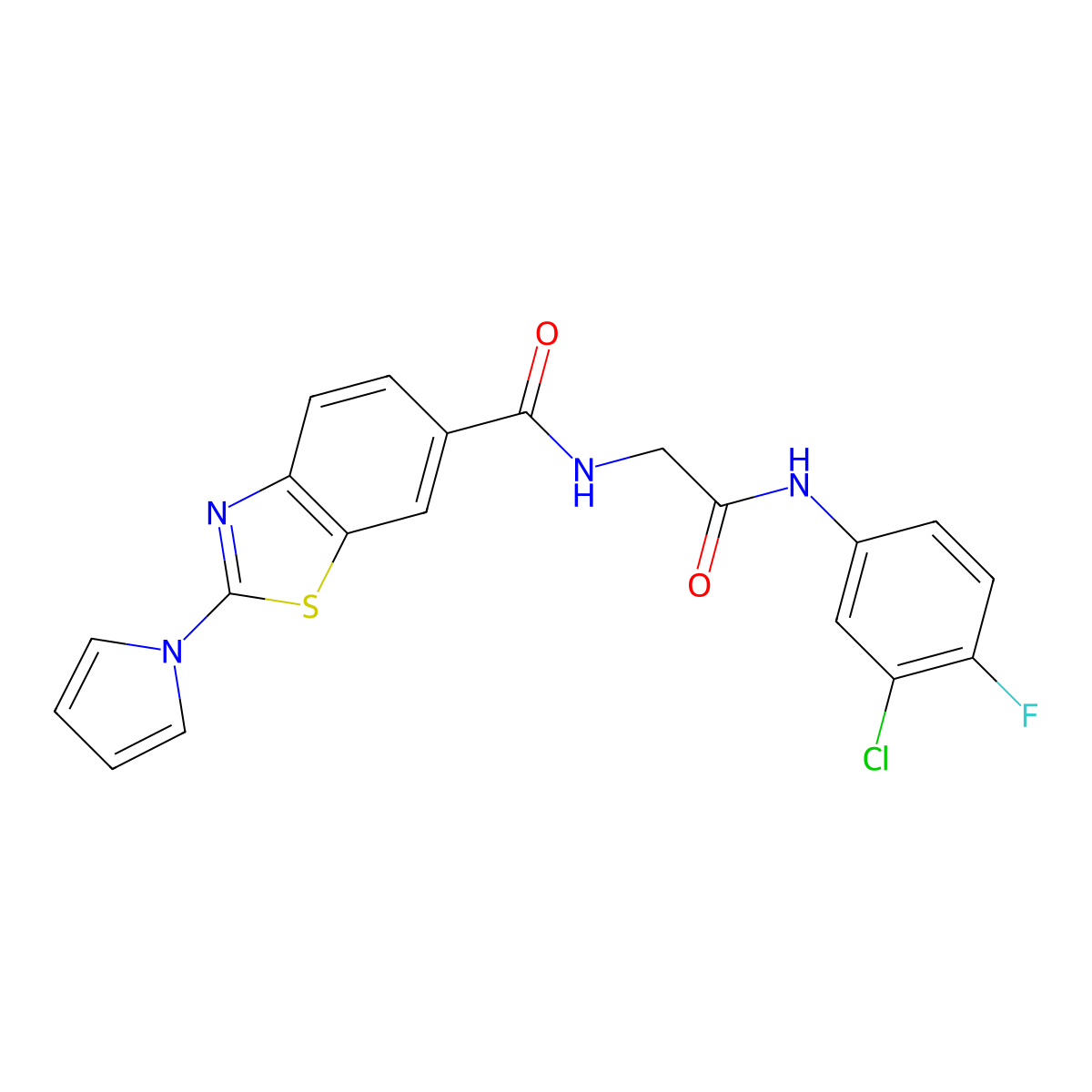 N-{2-[(3-chloro-4-fluorophenyl)amino]-2-oxoethyl}-2-(1H-pyrrol-1-yl)-1,3-benzothiazole-6-carboxamide molecular structure, CAS 1010930-68-3