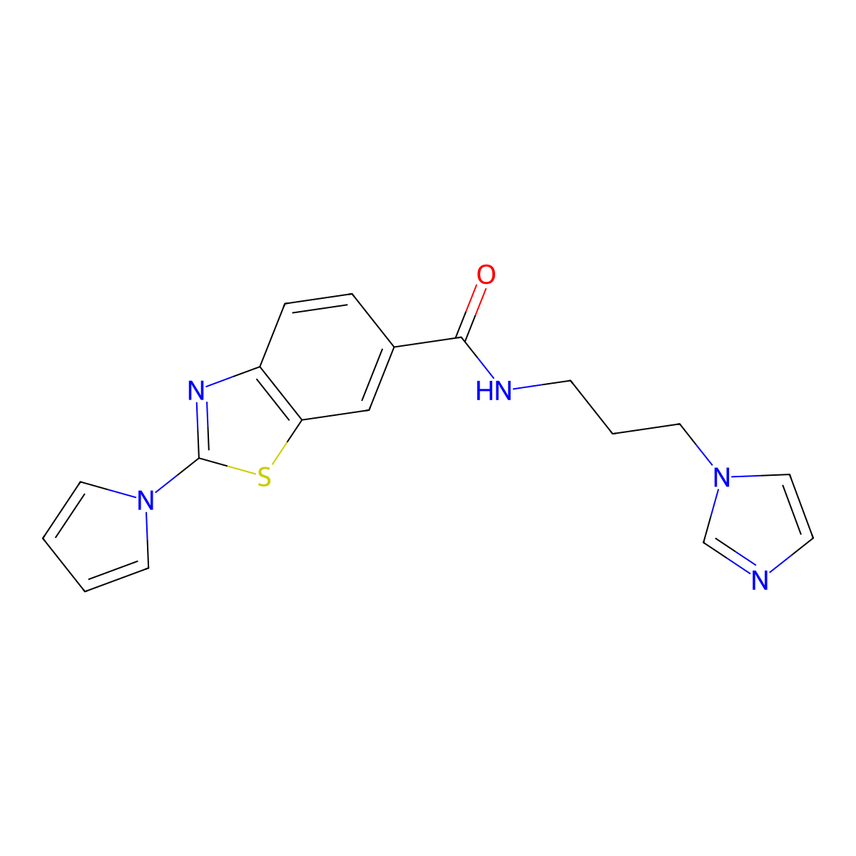 N-[3-(1H-imidazol-1-yl)propyl]-2-(1H-pyrrol-1-yl)-1,3-benzothiazole-6-carboxamide molecular structure, CAS 1010931-30-2