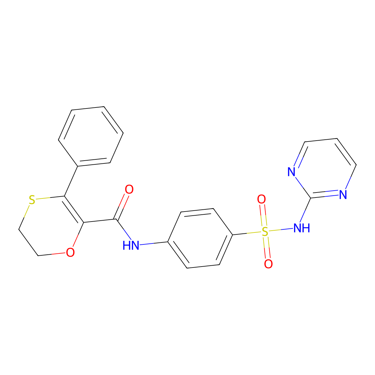 3-phenyl-N-[4-(pyrimidin-2-ylsulfamoyl)phenyl]-5,6-dihydro-1,4-oxathiine-2-carboxamide molecular structure, CAS 1010931-43-7