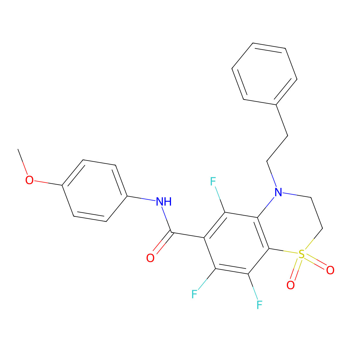 5,7,8-trifluoro-N-(4-methoxyphenyl)-4-(2-phenylethyl)-3,4-dihydro-2H-1,4-benzothiazine-6-carboxamide 1,1-dioxide molecular structure, CAS 1010931-51-7