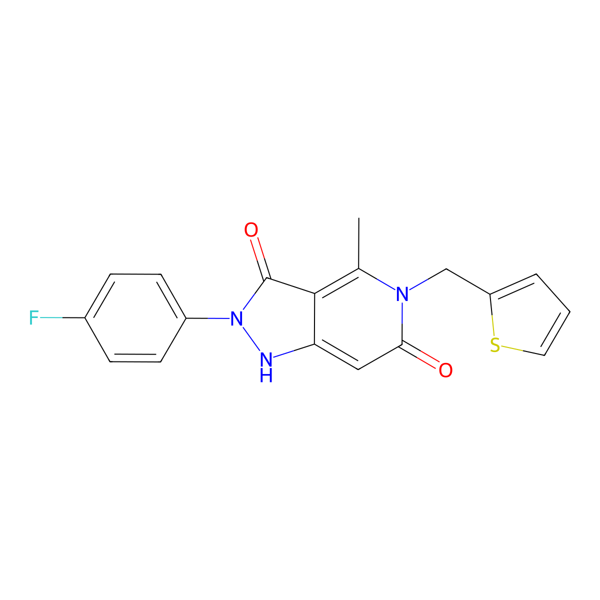 2-(4-fluorophenyl)-4-methyl-5-(thiophen-2-ylmethyl)-1H-pyrazolo[4,3-c]pyridine-3,6(2H,5H)-dione molecular structure, CAS 1010932-93-0
