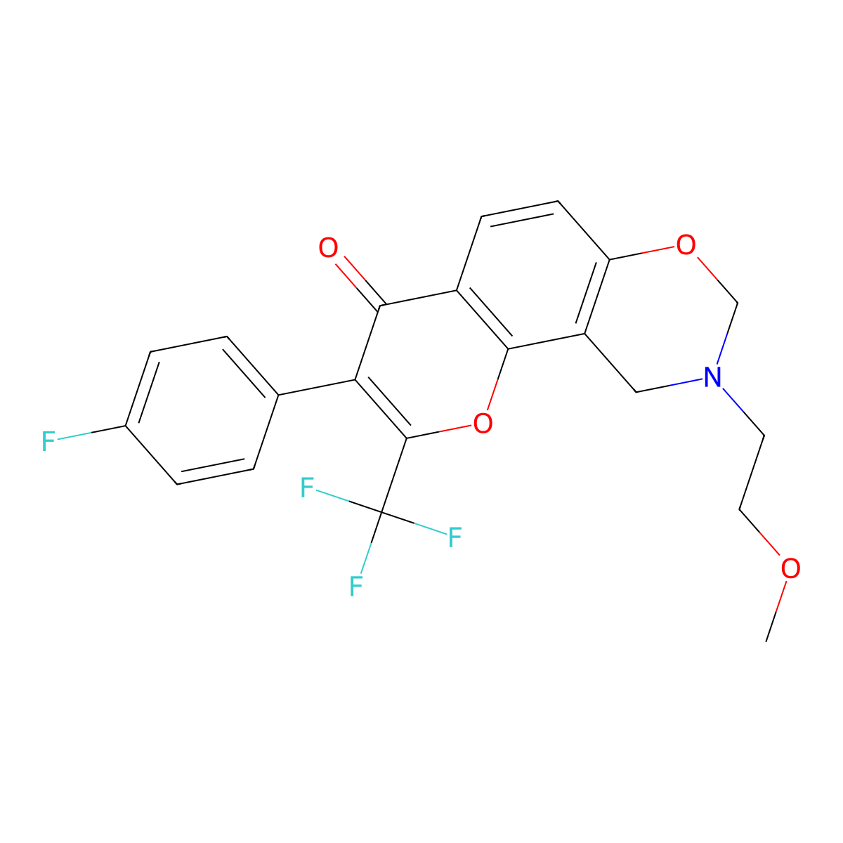 3-(4-fluorophenyl)-9-(2-methoxyethyl)-2-(trifluoromethyl)-9,10-dihydro-4H,8H-chromeno[8,7-e][1,3]oxazin-4-one molecular structure, CAS 1010933-12-6