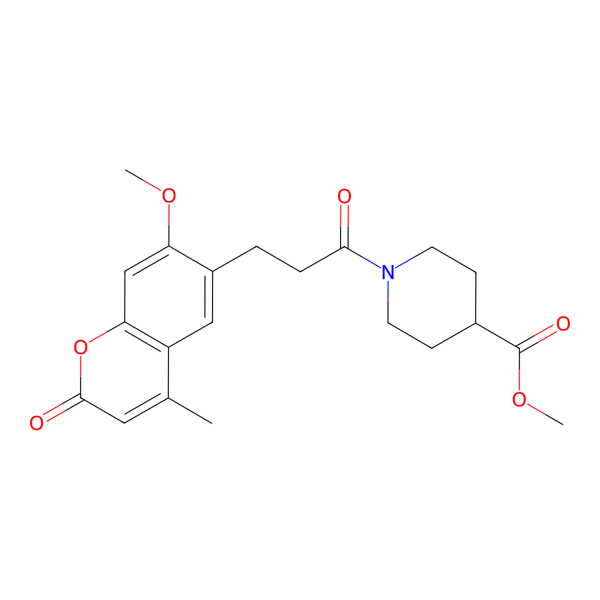 methyl 1-(3-(7-methoxy-4-methyl-2-oxo-2H-chromen-6-yl)propanoyl)piperidine-4-carboxylate molecular structure, CAS 1010933-20-6