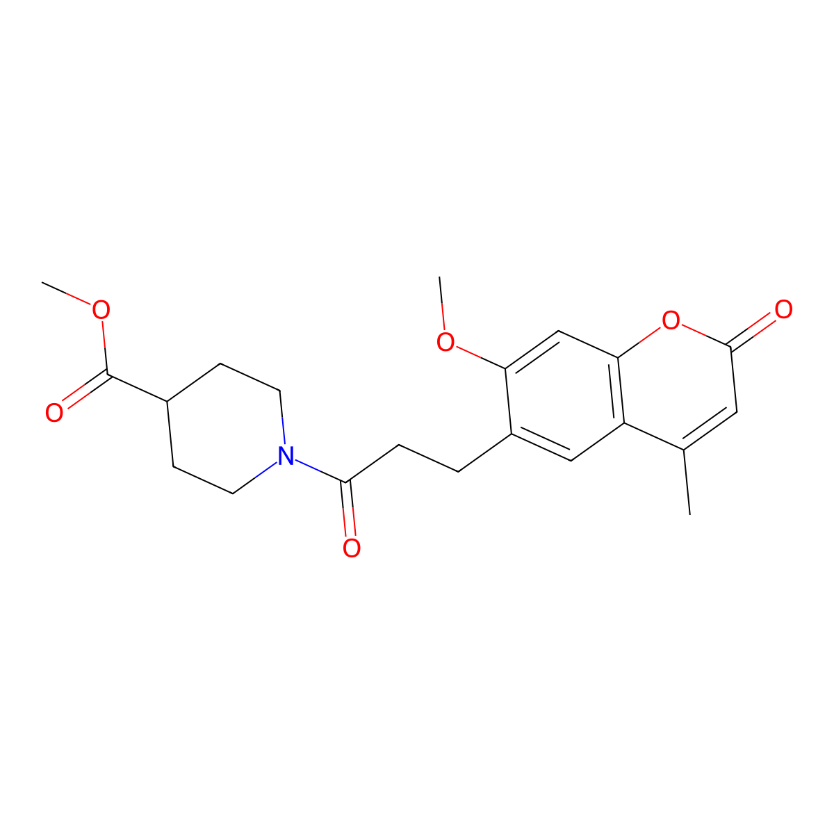 methyl 1-(3-(7-methoxy-4-methyl-2-oxo-2H-chromen-6-yl)propanoyl)piperidine-4-carboxylate molecular structure, CAS 1010933-20-6