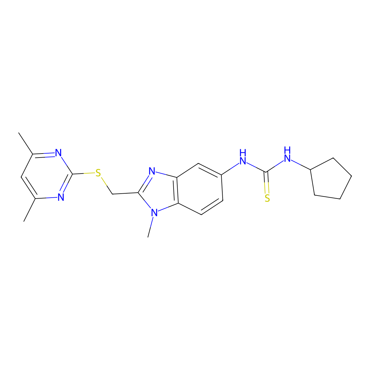 1-cyclopentyl-3-(2-{[(4,6-dimethylpyrimidin-2-yl)sulfanyl]methyl}-1-methyl-1H-benzimidazol-5-yl)thiourea molecular structure, CAS 1010933-26-2