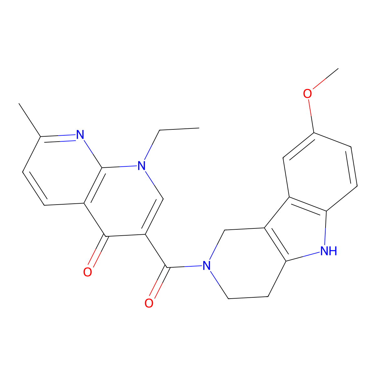 1-ethyl-3-[(8-methoxy-1,3,4,5-tetrahydro-2H-pyrido[4,3-b]indol-2-yl)carbonyl]-7-methyl-1,8-naphthyridin-4(1H)-one molecular structure, CAS 1010933-41-1