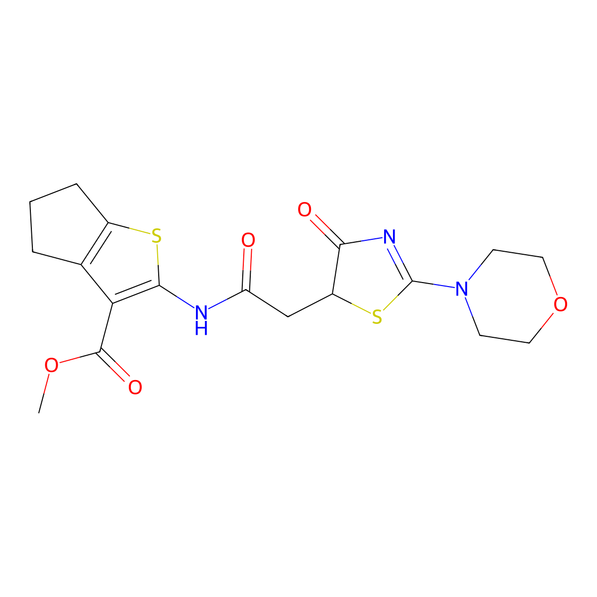 methyl 2-(2-(2-morpholino-4-oxo-4,5-dihydrothiazol-5-yl)acetamido)-5,6-dihydro-4H-cyclopenta[b]thiophene-3-carboxylate molecular structure, CAS 1010934-18-5