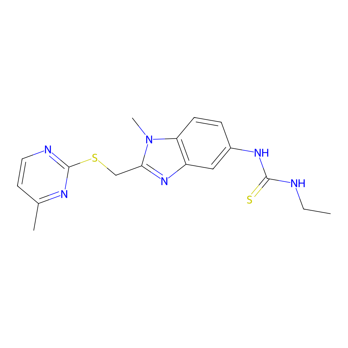 1-ethyl-3-(1-methyl-2-{[(4-methylpyrimidin-2-yl)sulfanyl]methyl}-1H-benzimidazol-5-yl)thiourea molecular structure, CAS 1010935-35-9