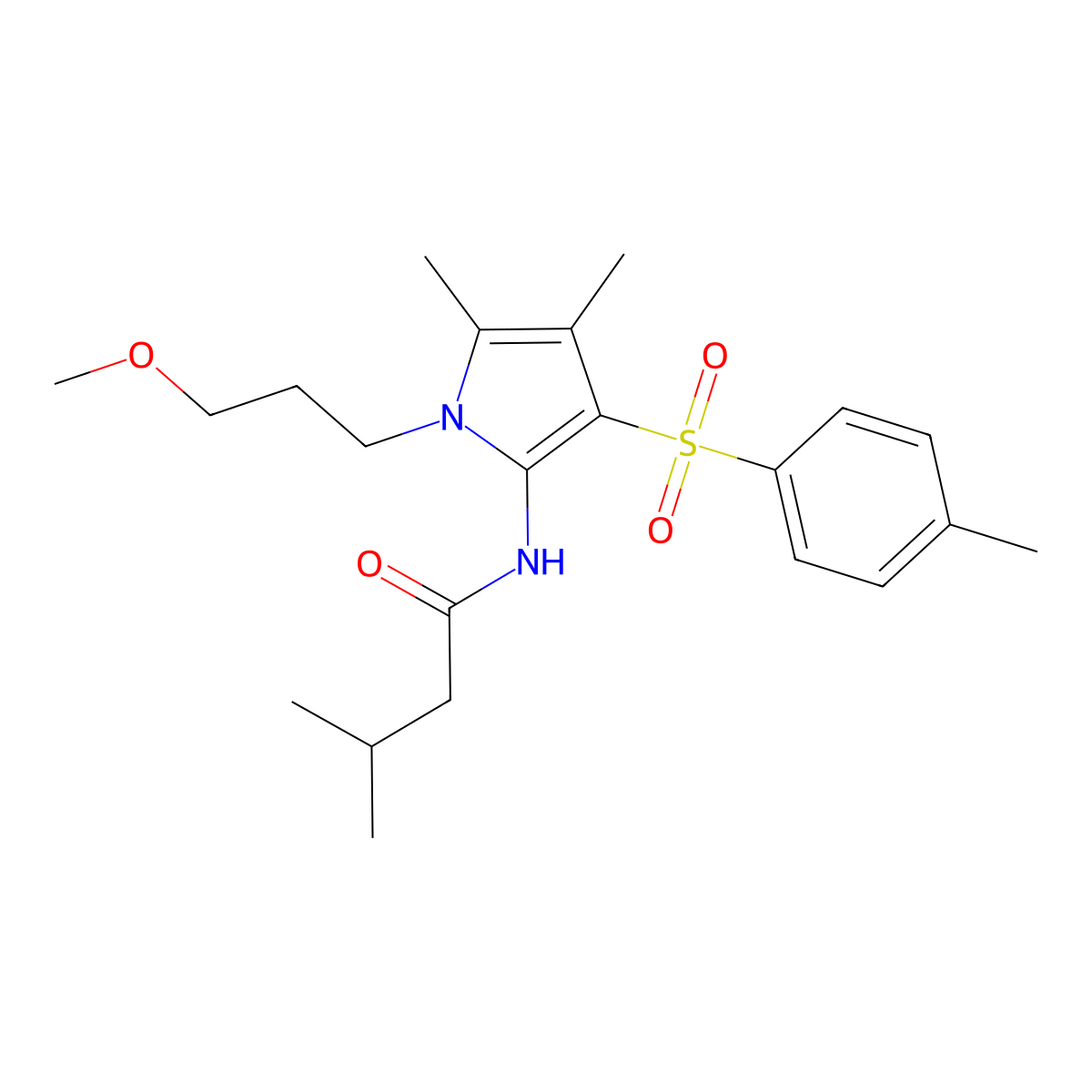 N-{1-(3-methoxypropyl)-4,5-dimethyl-3-[(4-methylphenyl)sulfonyl]-1H-pyrrol-2-yl}-3-methylbutanamide molecular structure, CAS 1010935-86-0
