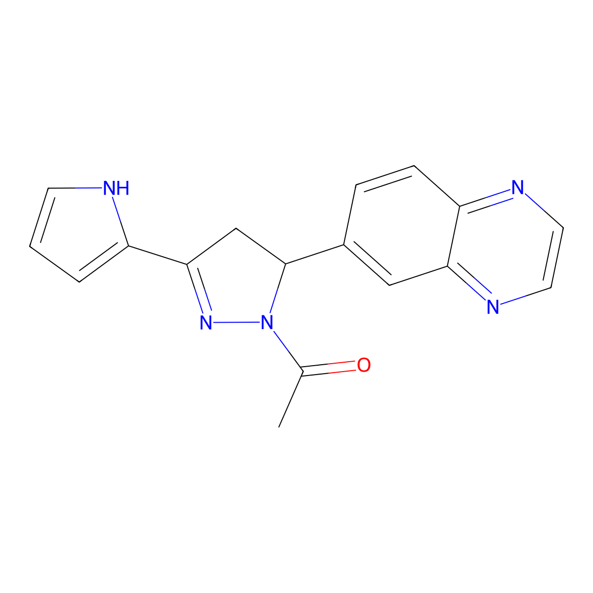 1-(3-(1H-pyrrol-2-yl)-5-(quinoxalin-6-yl)-4,5-dihydro-1H-pyrazol-1-yl)ethanone molecular structure, CAS 1010936-08-9