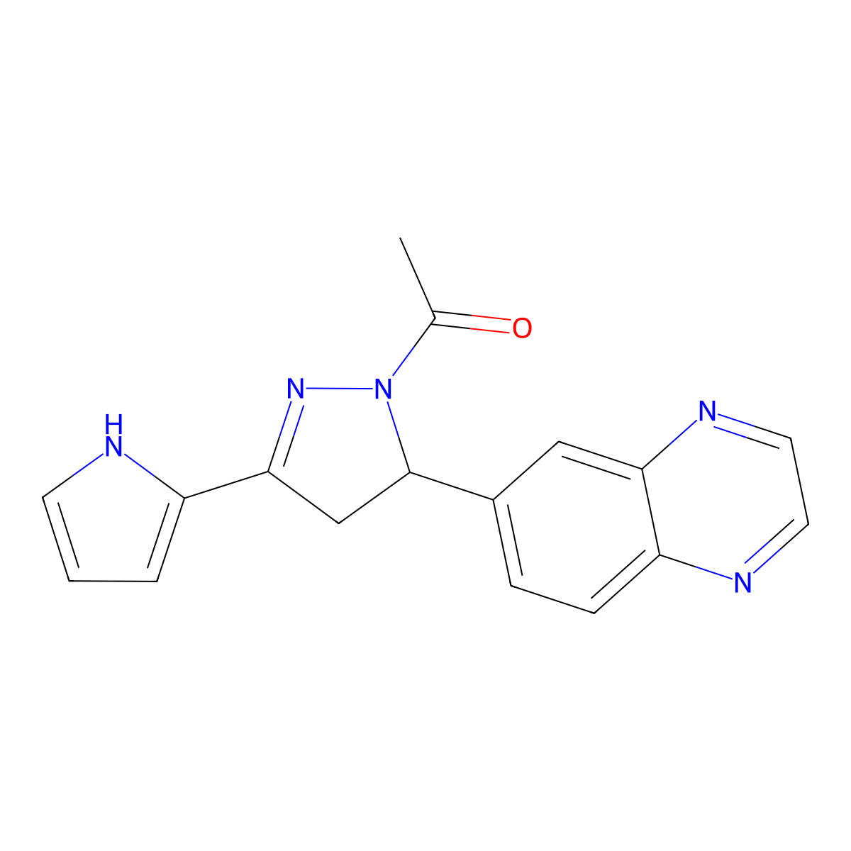 1-(3-(1H-pyrrol-2-yl)-5-(quinoxalin-6-yl)-4,5-dihydro-1H-pyrazol-1-yl)ethanone molecular structure, CAS 1010936-08-9