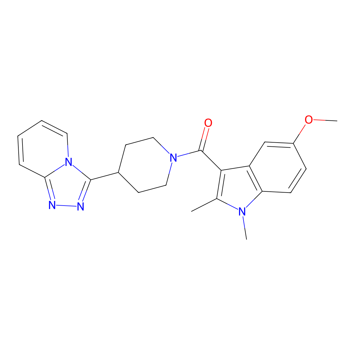 (5-methoxy-1,2-dimethyl-1H-indol-3-yl)[4-([1,2,4]triazolo[4,3-a]pyridin-3-yl)piperidin-1-yl]methanone molecular structure, CAS 1010936-34-1