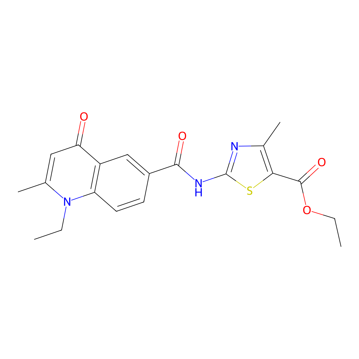 Ethyl 2-(1-ethyl-2-methyl-4-oxo-1,4-dihydroquinoline-6-carboxamido)-4-methylthiazole-5-carboxylate molecular structure, CAS 1010936-65-8