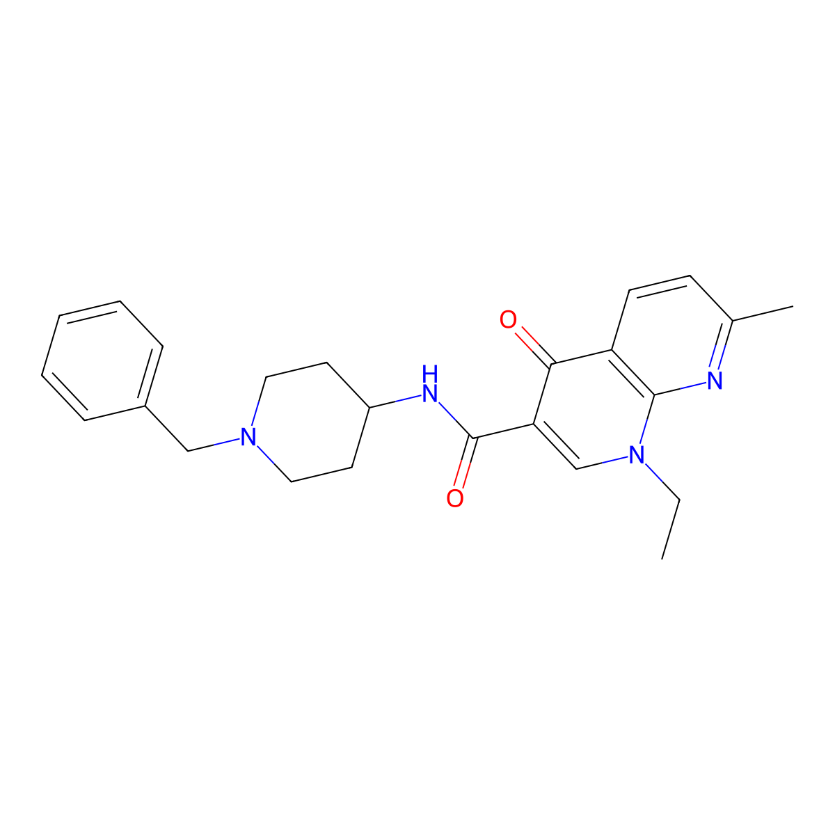 N-(1-benzylpiperidin-4-yl)-1-ethyl-7-methyl-4-oxo-1,4-dihydro-1,8-naphthyridine-3-carboxamide molecular structure, CAS 1010936-81-8