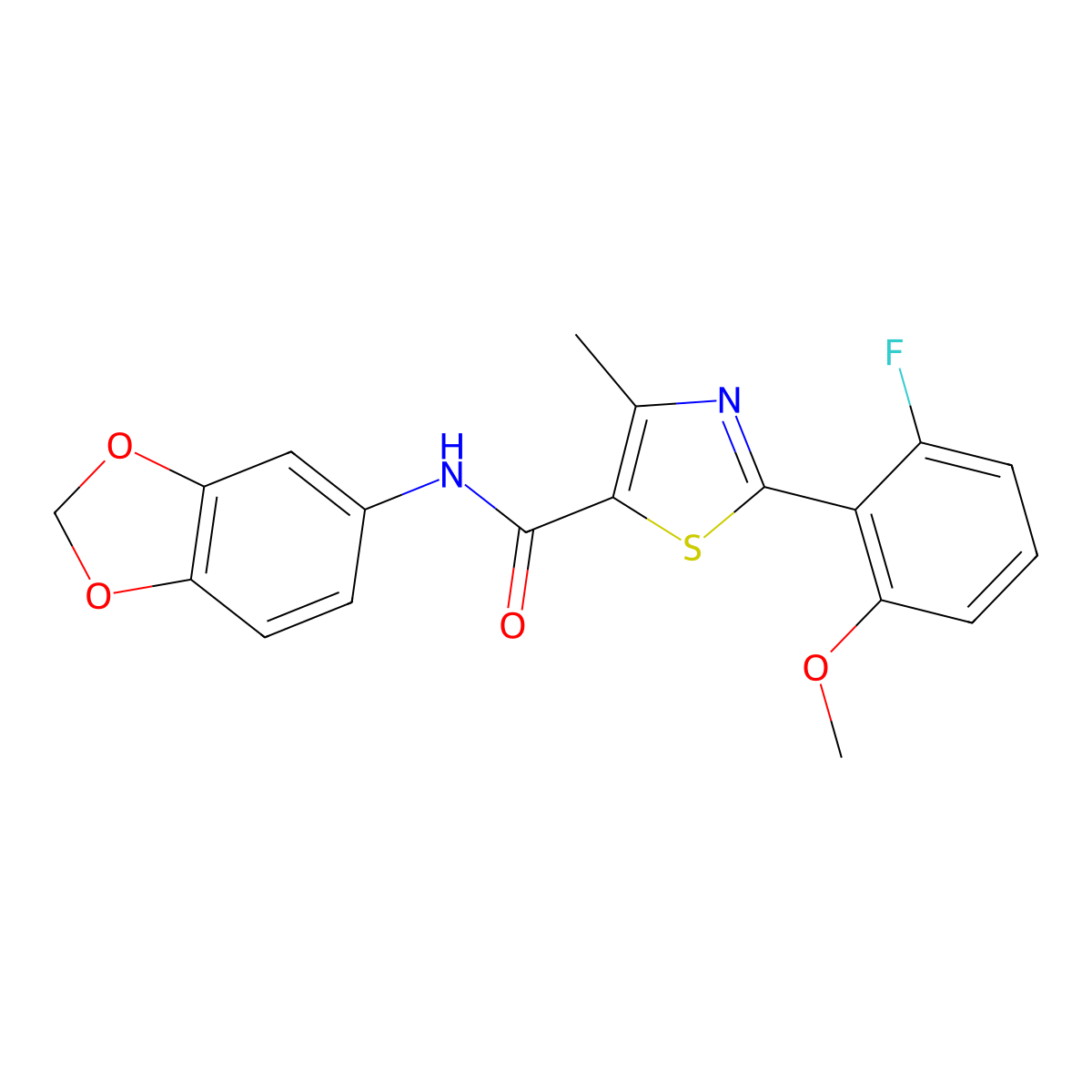 N-(1,3-benzodioxol-5-yl)-2-(2-fluoro-6-methoxyphenyl)-4-methyl-1,3-thiazole-5-carboxamide molecular structure, CAS 1010937-01-5