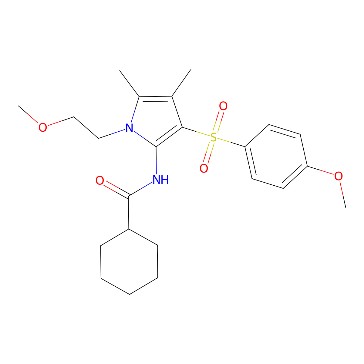 N-{1-(2-methoxyethyl)-3-[(4-methoxyphenyl)sulfonyl]-4,5-dimethyl-1H-pyrrol-2-yl}cyclohexanecarboxamide molecular structure, CAS 1010937-25-3