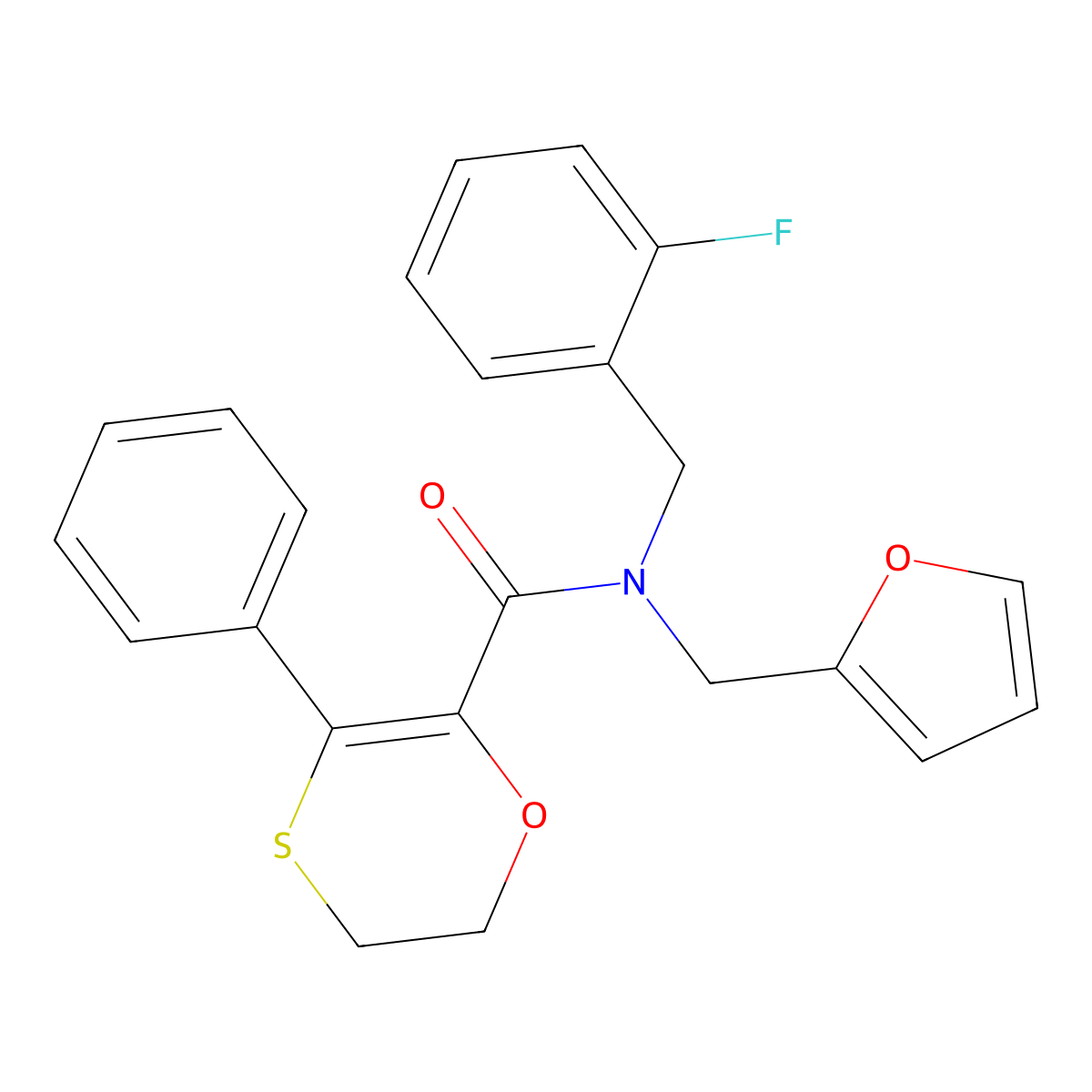 N-(2-fluorobenzyl)-N-(furan-2-ylmethyl)-3-phenyl-5,6-dihydro-1,4-oxathiine-2-carboxamide molecular structure, CAS 1010937-55-9