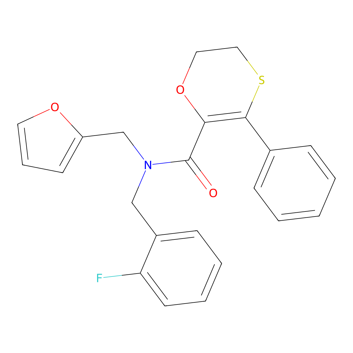 N-(2-fluorobenzyl)-N-(furan-2-ylmethyl)-3-phenyl-5,6-dihydro-1,4-oxathiine-2-carboxamide molecular structure, CAS 1010937-55-9