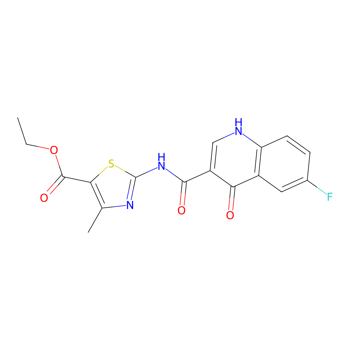 Ethyl 2-{[(6-fluoro-4-hydroxy-3-quinolyl)carbonyl]amino}-4-methyl-1,3-thiazole-5-carboxylate molecular structure, CAS 1010937-70-8