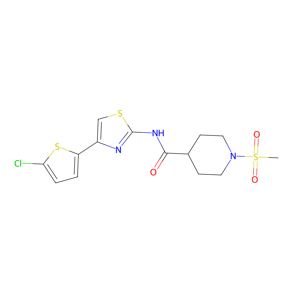 N-(4-(5-chlorothiophen-2-yl)thiazol-2-yl)-1-(methylsulfonyl)piperidine-4-carboxamide molecular structure, CAS 1010979-74-4